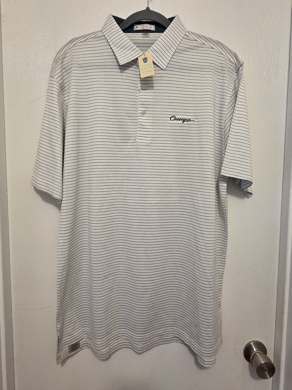 Peter Millar White Polo with Thin Green Stripes